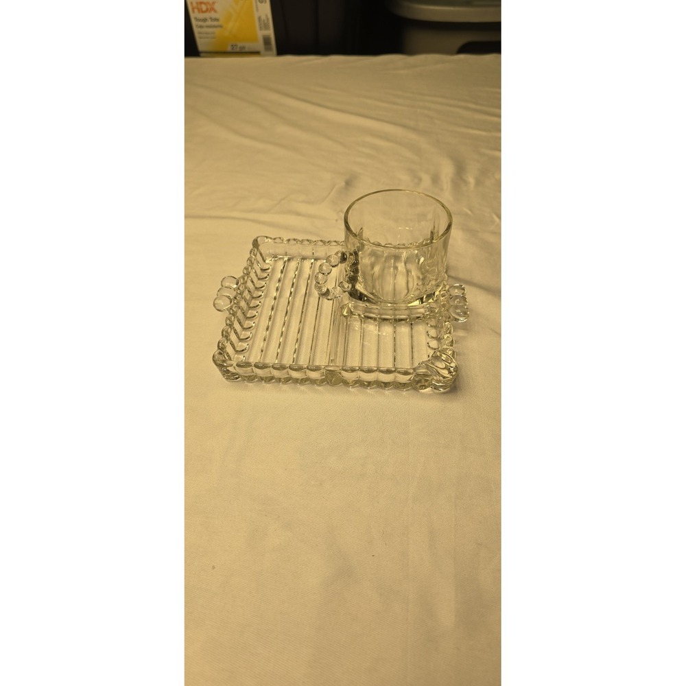 Vtg Hazel Atlas Ball & Rib Snack Plates  Ashtry & Cup 2 Sets Clear Set #1305 EUC
